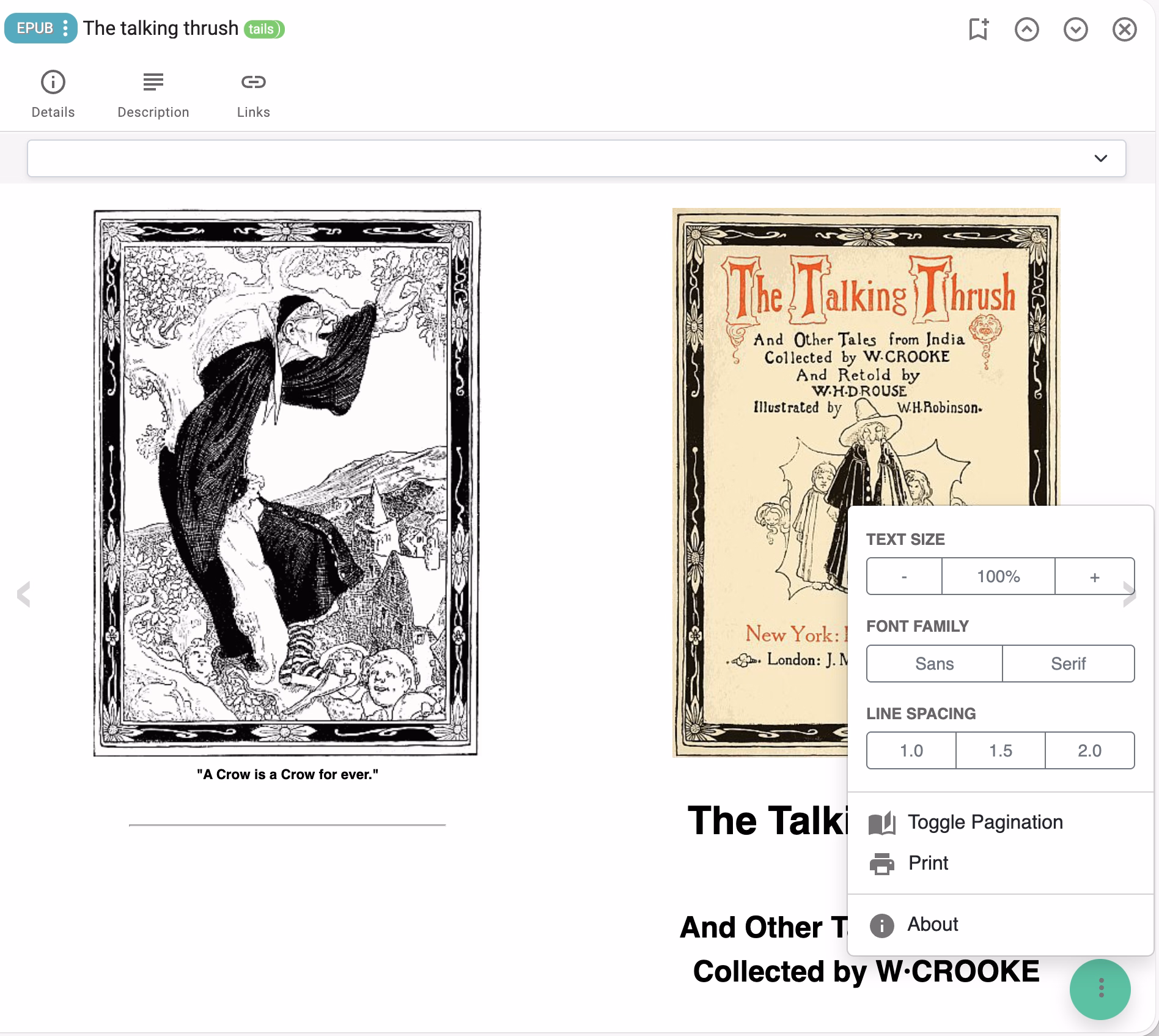 Screenshot showing the eBook viewer, with improved readability options
