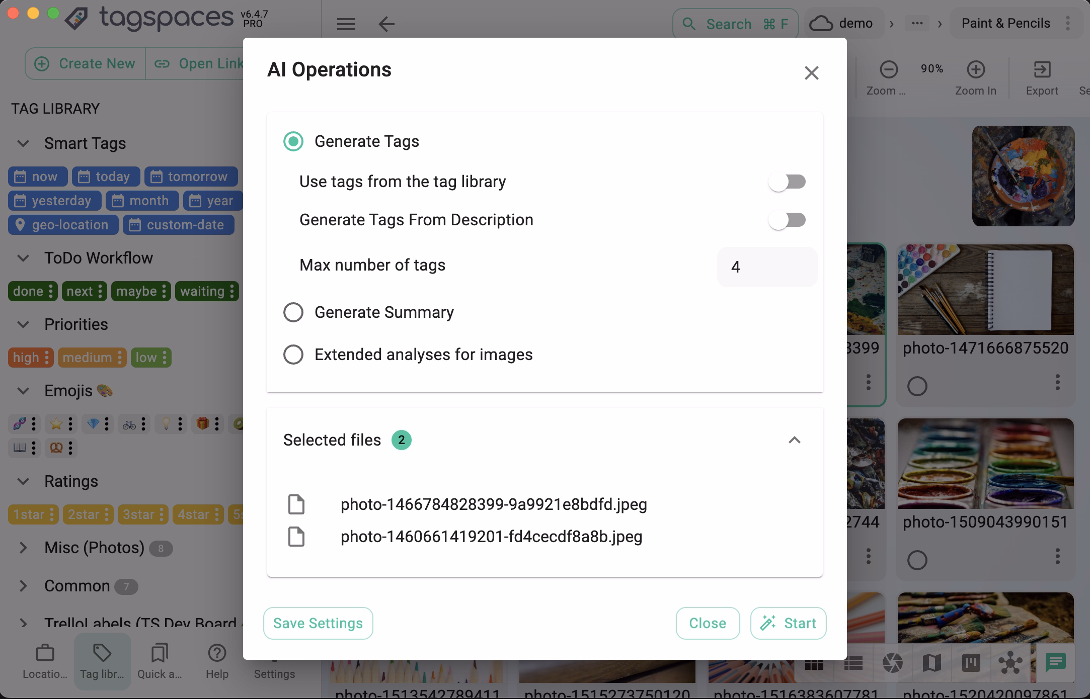 Screenshot of dialog for automatic content analysis and extraction in TagSpaces