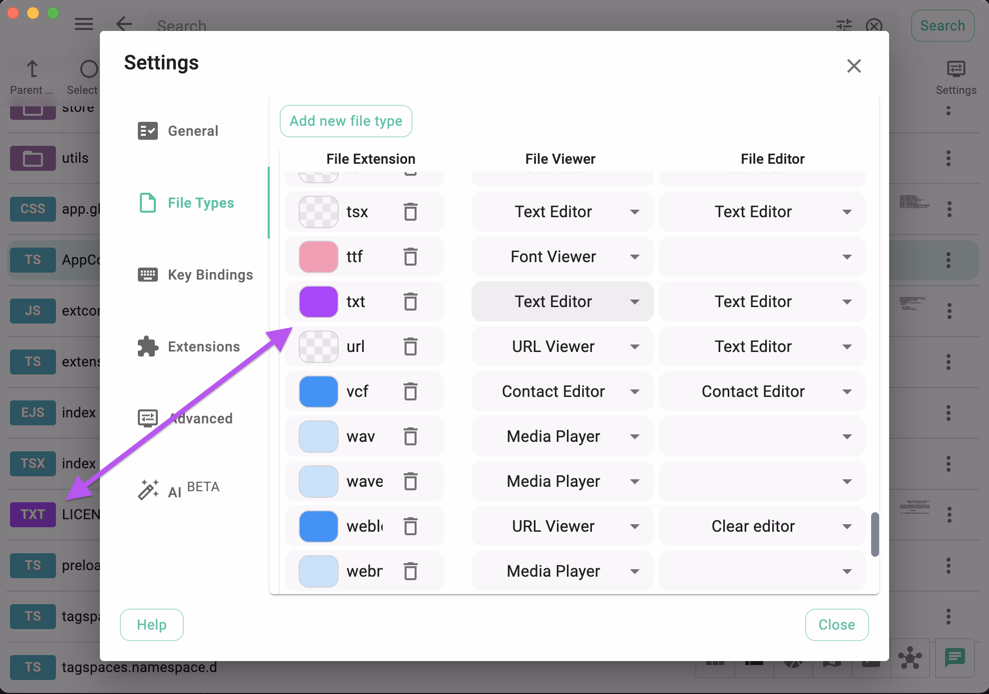 Settings where file extension colors can be customized