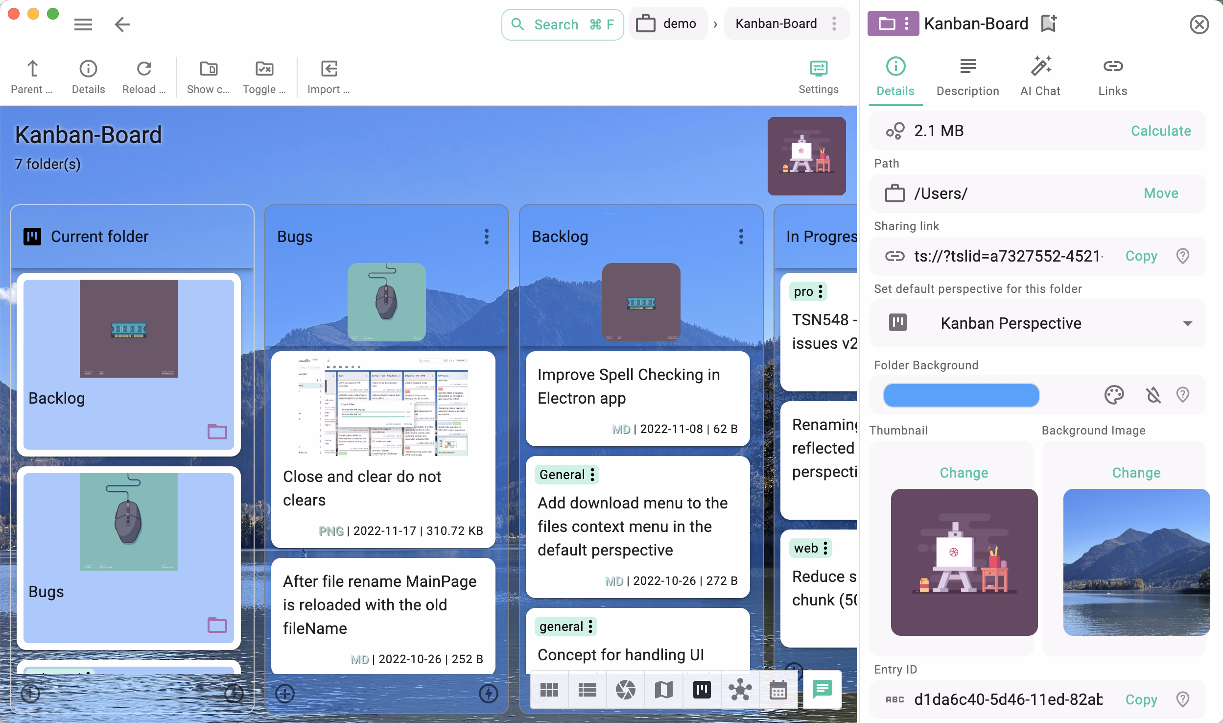 Folder properties of a Kanban board