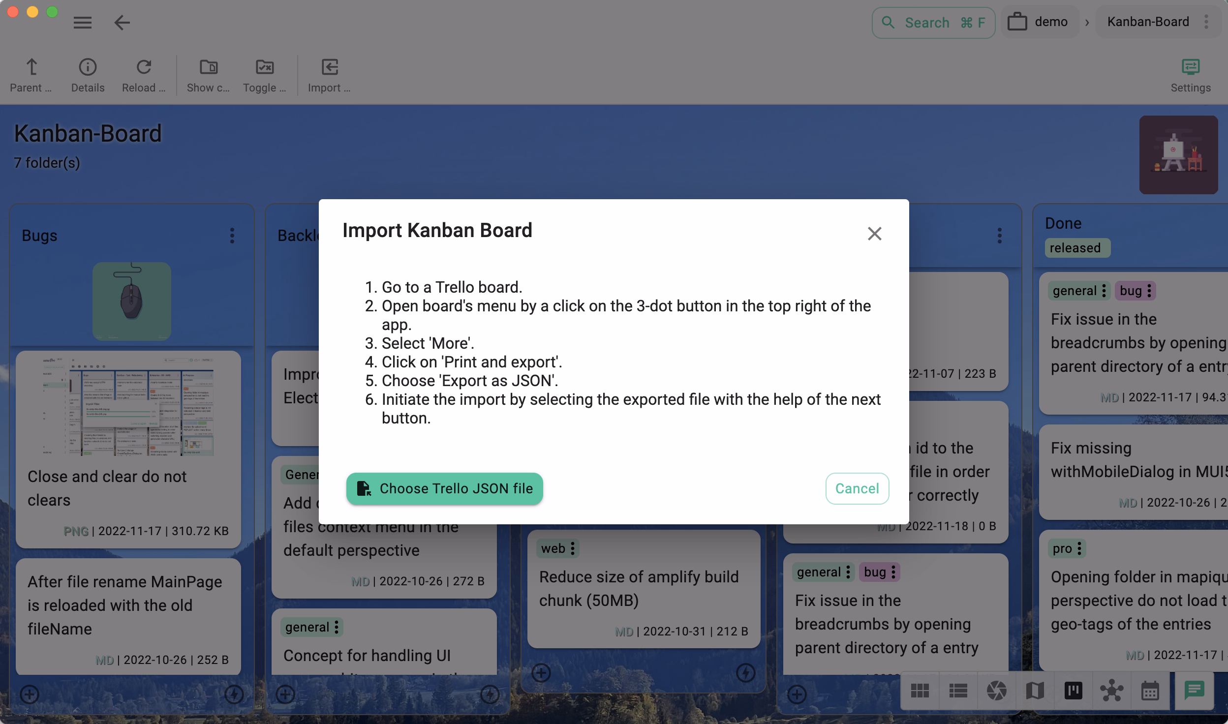 Screenshot showing the import dialog for Trello boards