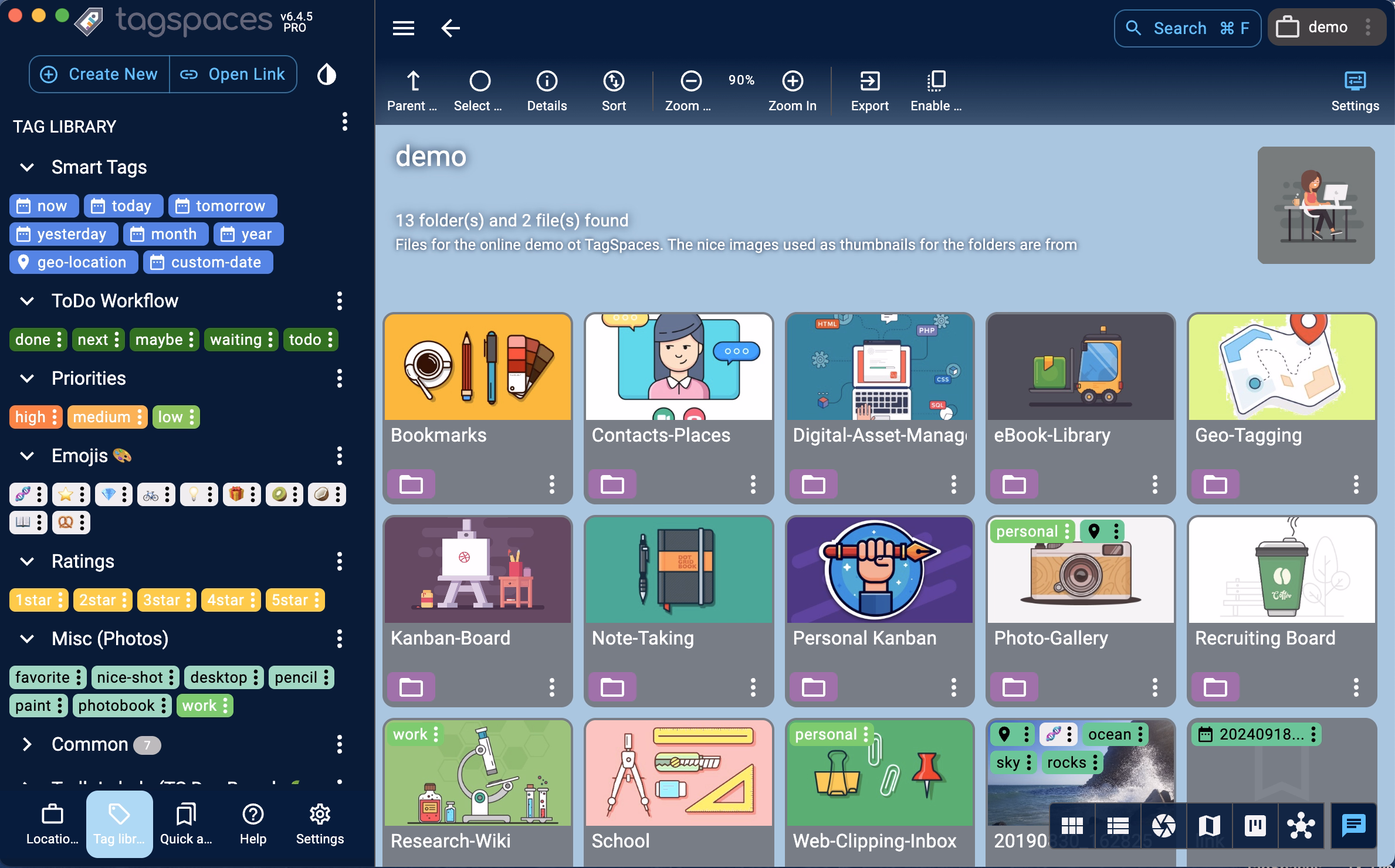 Various folders in the grid perspective