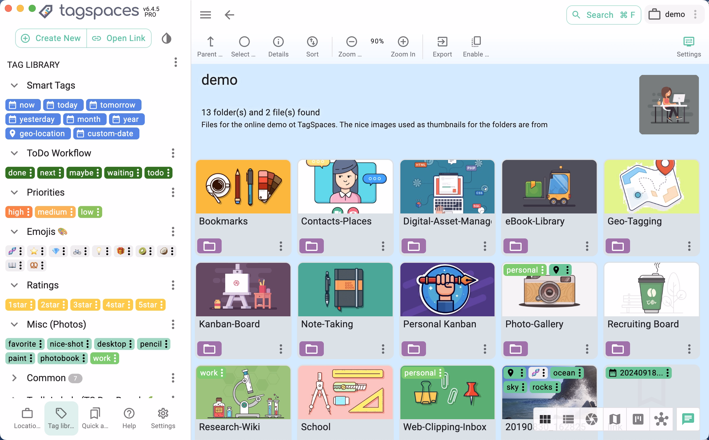 Shows various folders in the grid perspective