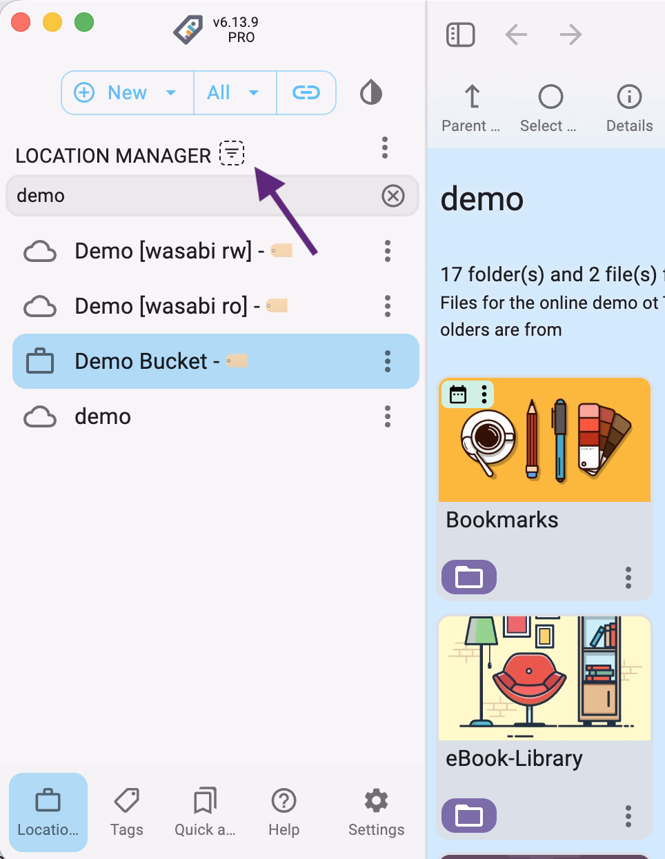 Filter locations in the location manager