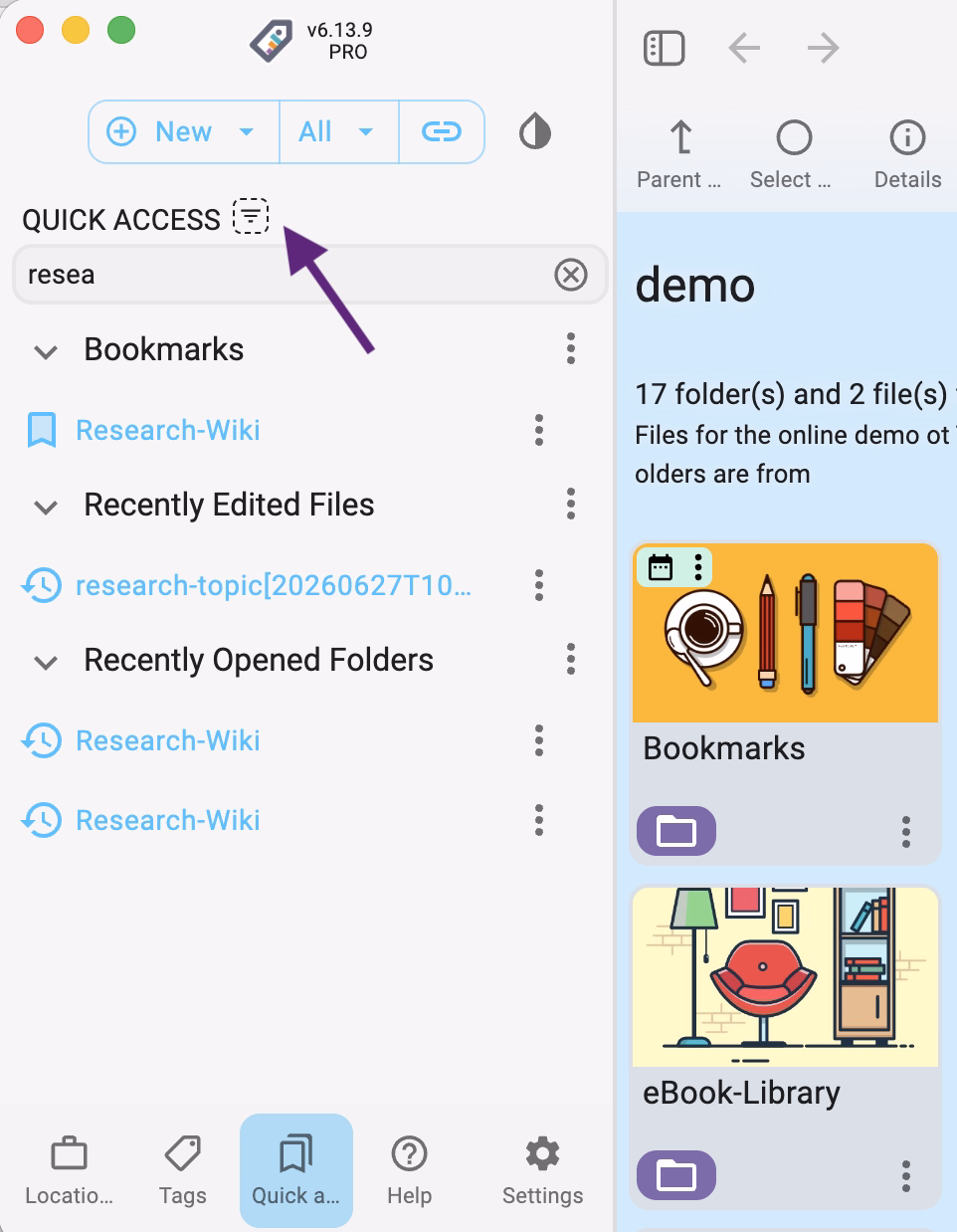 Filter bookmarks and recent files in the quick access area