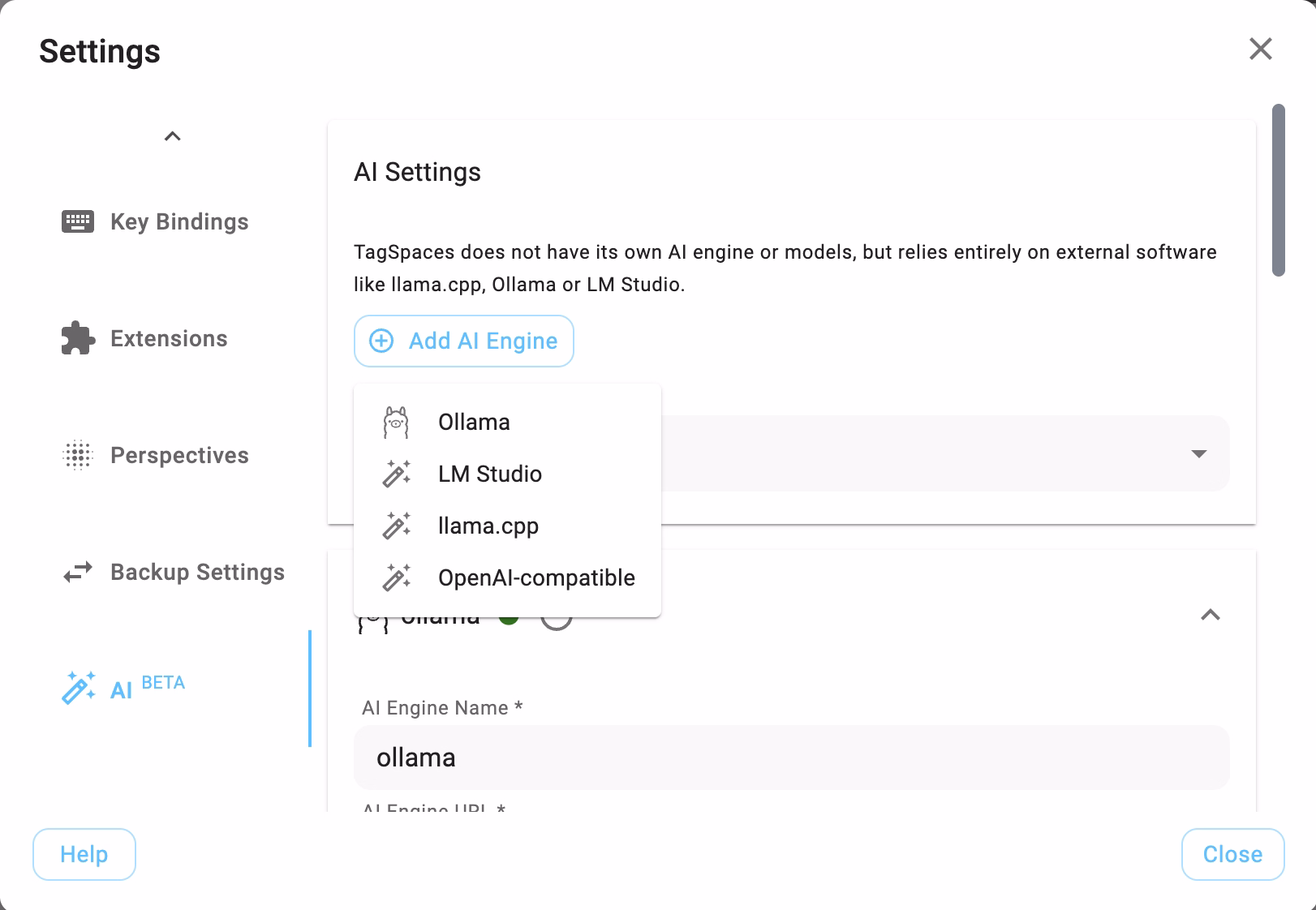 Connecting a local, OpenAI-compatible AI provider in the settings